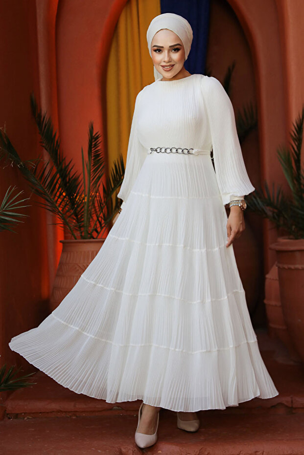 White Hijab Pleated Dress - 44761B