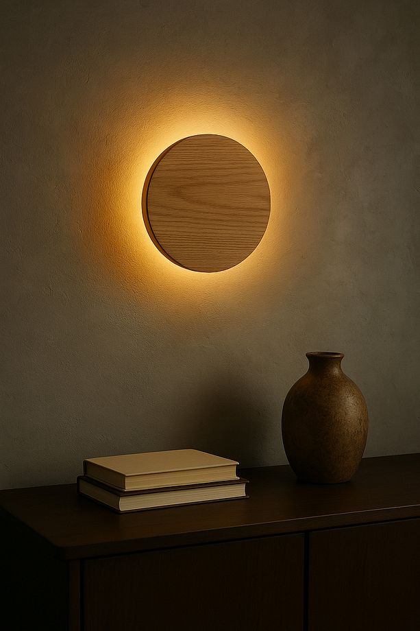 30cm Çap Yuvarlak Daire El Yapımı Aplik, Pilli Açma Kapama Düğmeli Çam Ağacı Ahşap Rustik Led - 6