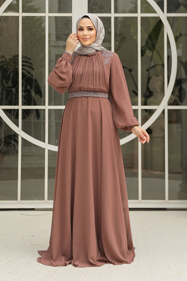 Drape Detaylı Camel Tesettür Abiye Elbise 25879c - 2