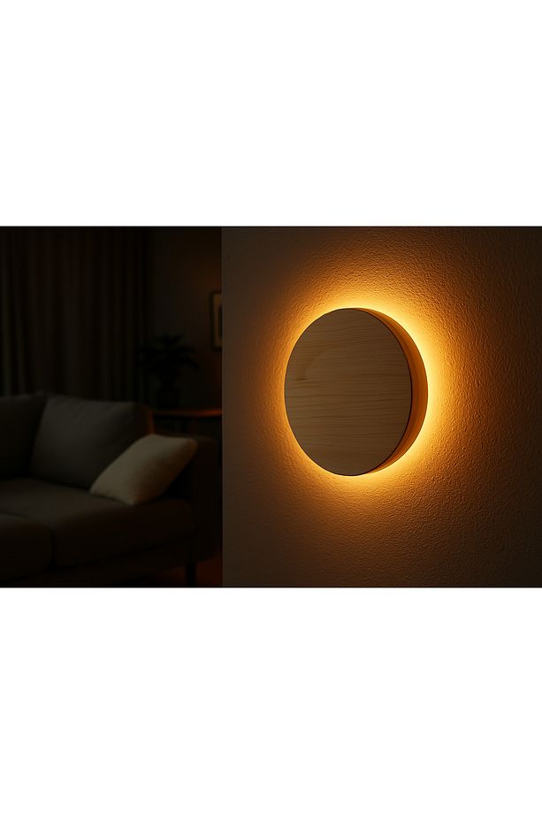 30cm Çap Yuvarlak Daire El Yapımı Aplik, Pilli Açma Kapama Düğmeli Çam Ağacı Ahşap Rustik Led - 2