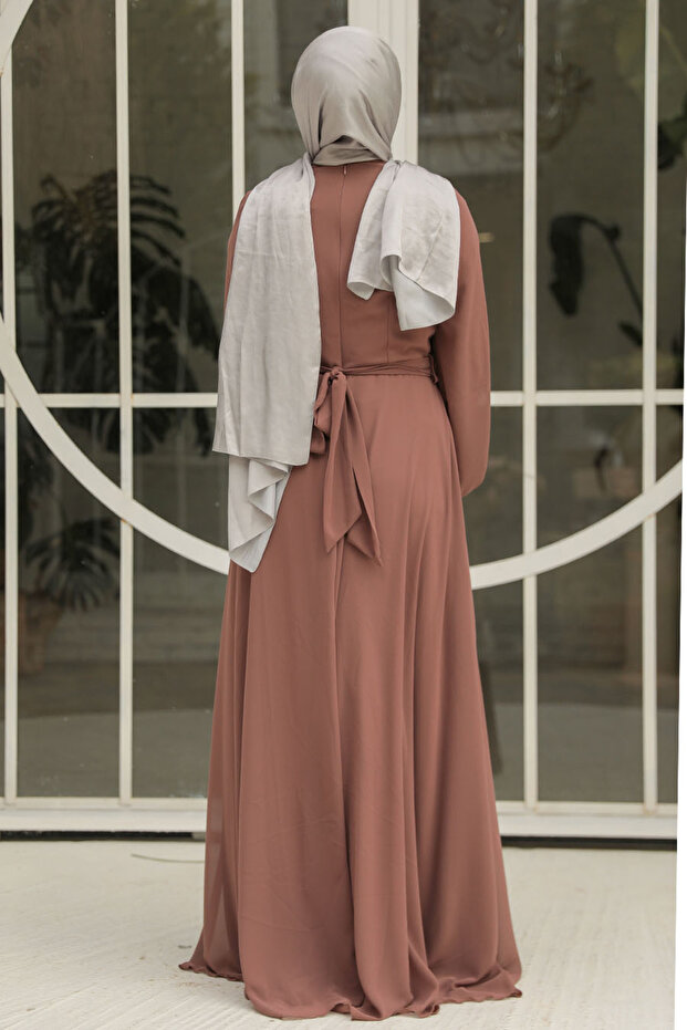 Drape Detaylı Camel Tesettür Abiye Elbise 25879c - 3
