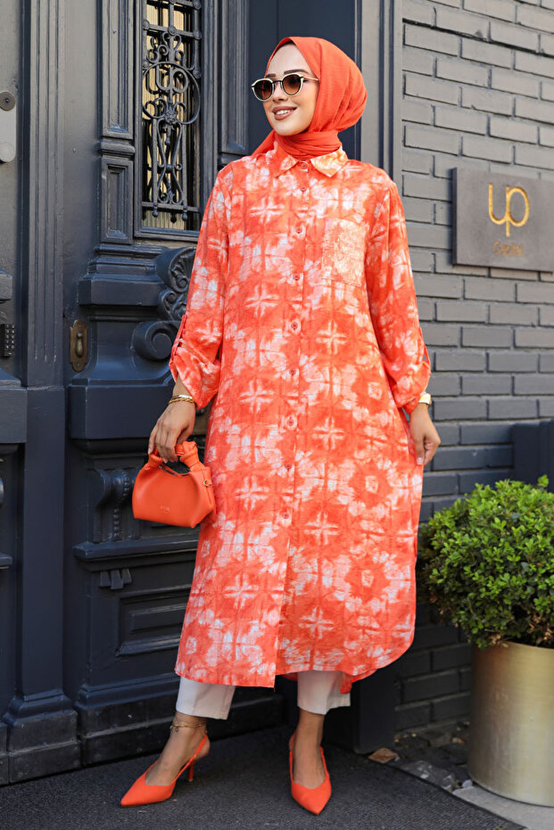 تونيك حجاب برتقالي منقوش - 10539T - 1