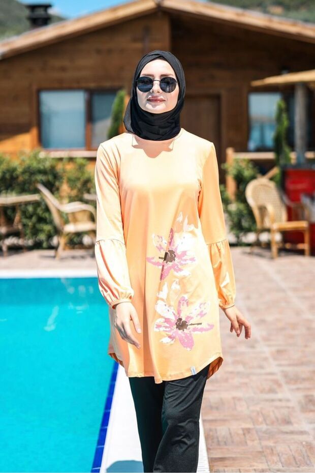 Rope Tied 4-Piece Salmon Flower Patterned Full Covered Hijab Swimsuit M2013SMN