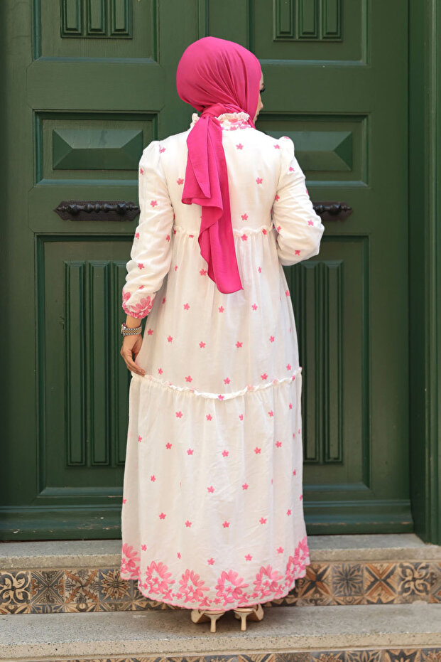 Çiçek Desenli Pembe Tesettür Elbise 1381p - 3