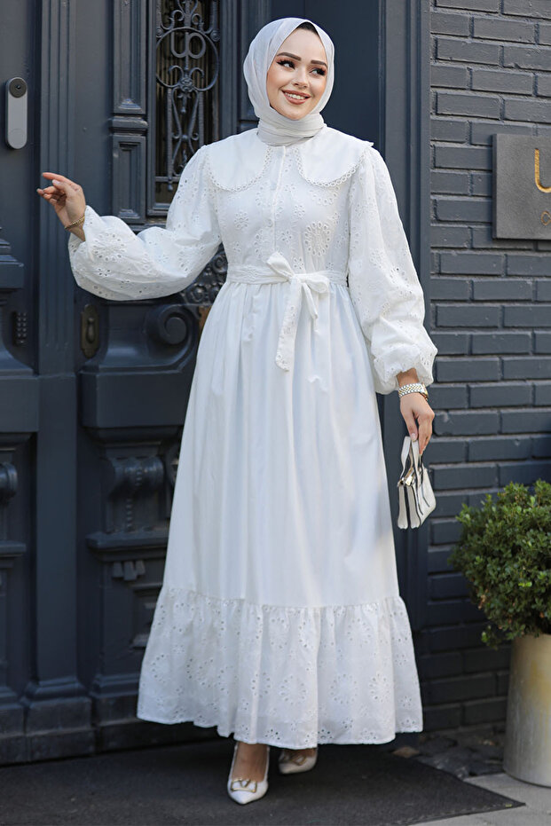 White Laced Hijab Dress - 10034B