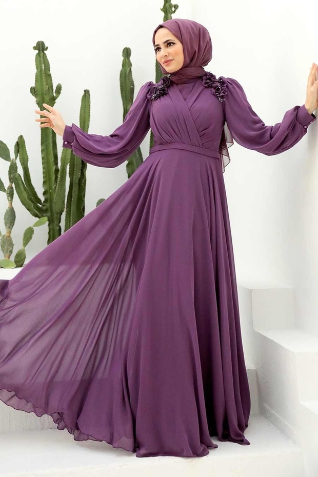 Floral Detailed Dark Lilac Hijab Evening Dress 22232Klila