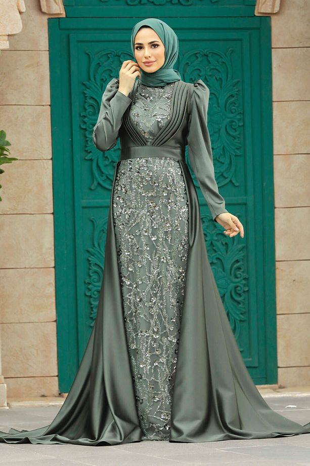 Pul Işlemeli Haki Tesettür Abiye Elbise 23082hk - 1