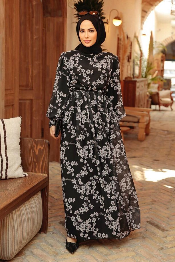 Çiçek Desenli Siyah Tesettür Elbise 56833s - 1