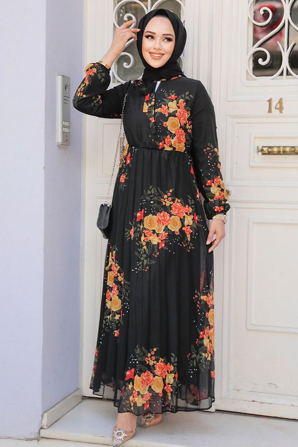 Çiçek Desenli Siyah Tesettür Elbise 503501S - 4