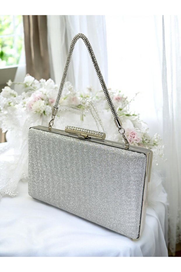 Silver Gray Lame Color Stone Glitter Non-Spill Glitter Women's Evening Dress Bag