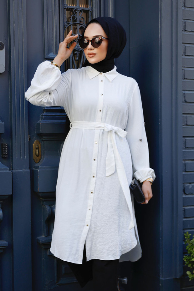 Kemerli Ekru Tesettür Tunik 21095e - 2