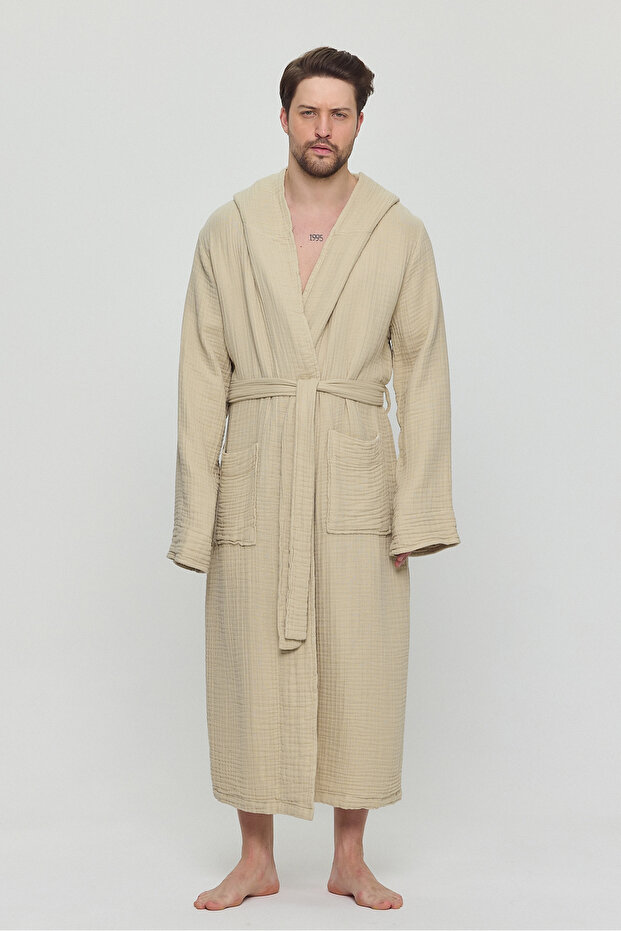 Men's Muslin Pocket Tie Hooded Beige Bathrobe