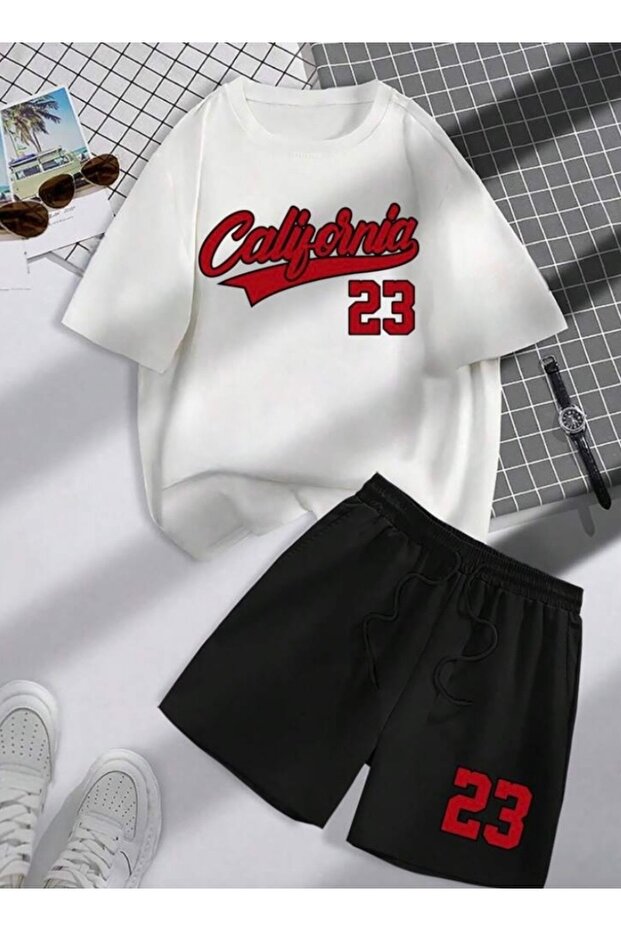 White Black California Printed Shorts T-Shirt Set