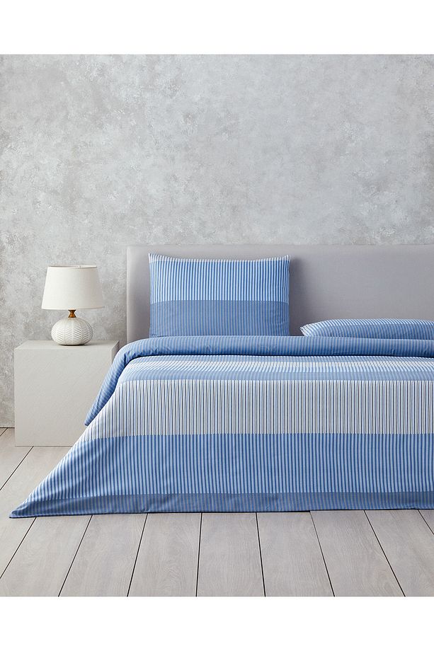 Modern Strip Kolay Ütülenir Tek Kişilik Nevresim Takımı 160x220 cm Mavi - 1