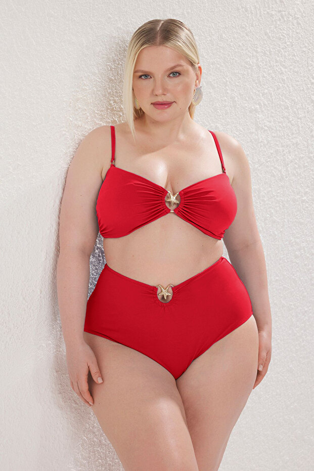 Kırmızı Yüksek Bel Aksesuar Detaylı Büyük Beden Bikini Altı TBBSS25CR00000 - 4