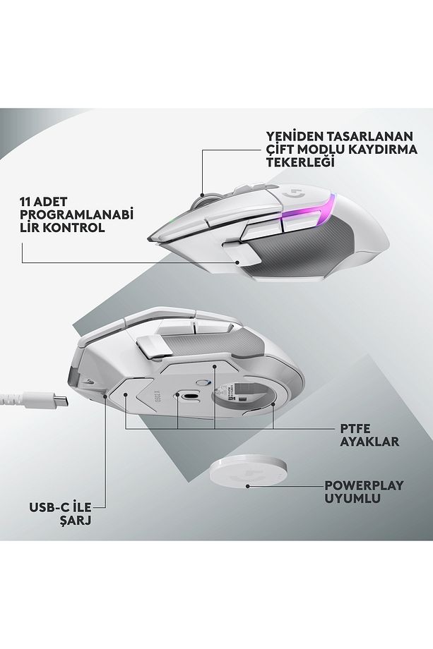 G G502 X Plus Kablosuz HERO 25K Sensörlü RGB Aydınlatmalı Oyuncu Mouse - Beyaz - 8