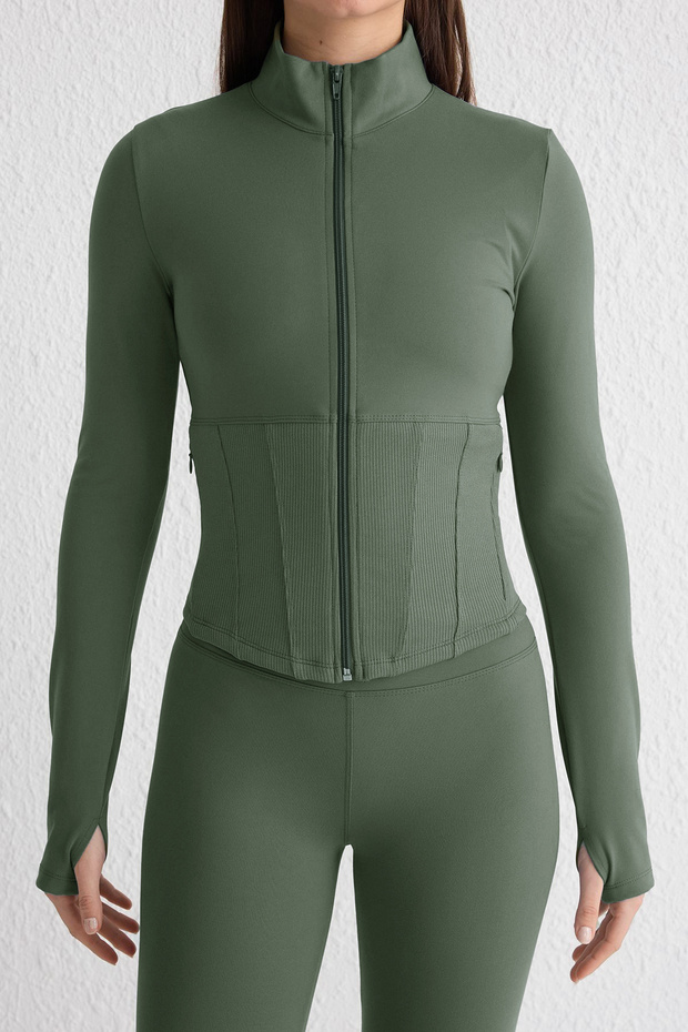 Haki Fırçalı Soft Kumaş Baş Parmak Delikli Örme Spor Ceket/Sweatshirt THMAW25SK00001 - 4