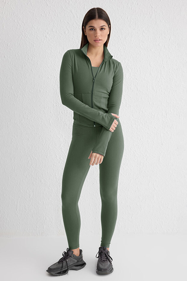 Haki Fırçalı Soft Kumaş Baş Parmak Delikli Örme Spor Ceket/Sweatshirt THMAW25SK00001 - 2