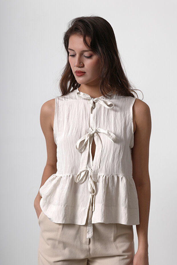 Beige Front Tie Detailed Gathered Crop Woven Blouse Twoss25Bz00156