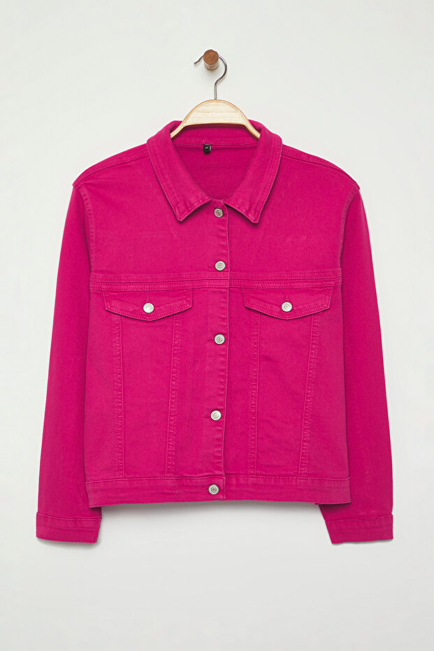 Fuşya Esnek Crop Boy Büyük Beden Denim Ceket TBBSS25AG00007 - 5