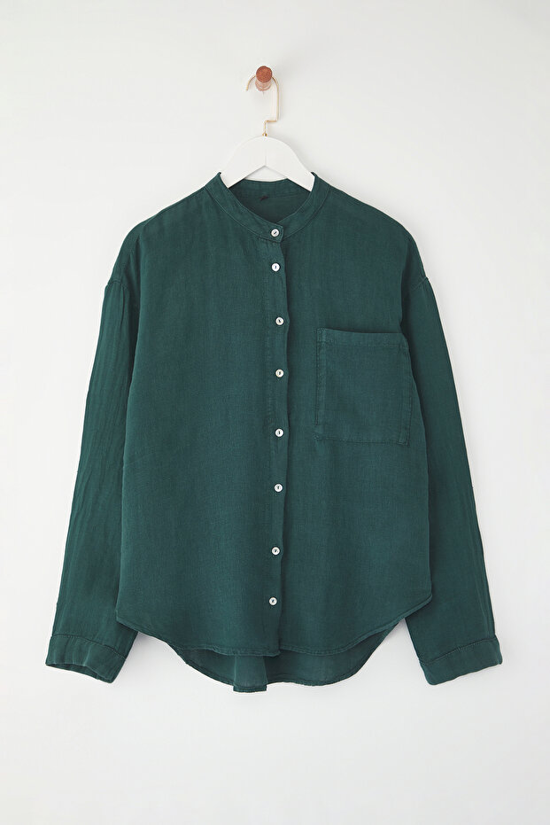 Petrol Yeşili %100 Keten Oversize Gömlek TWOSS25GO00131 - 5