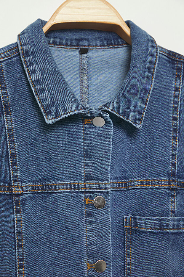 Açık Mavi Gömlek Yaka Cepli Orta Esnek Büyük Beden Denim Elbise TBBSS25AH00088 - 7