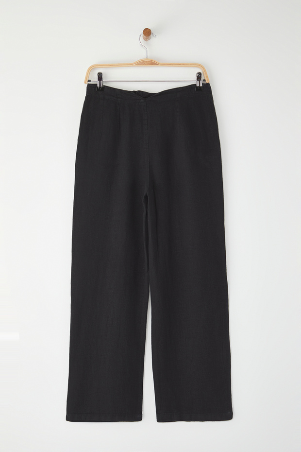 Siyah %100 Keten Yüksek Bel Cep Detaylı Straight Pantolon TWOSS25JE00245 - 6