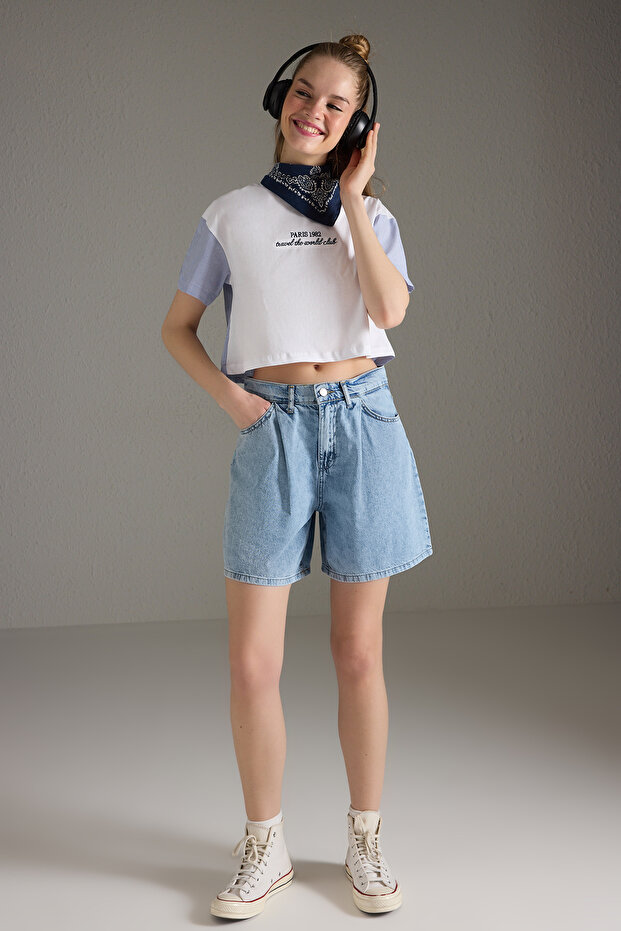 Mavi Yüksek Bel Pileli Denim Bermuda TWOSS25SR00179 - 1