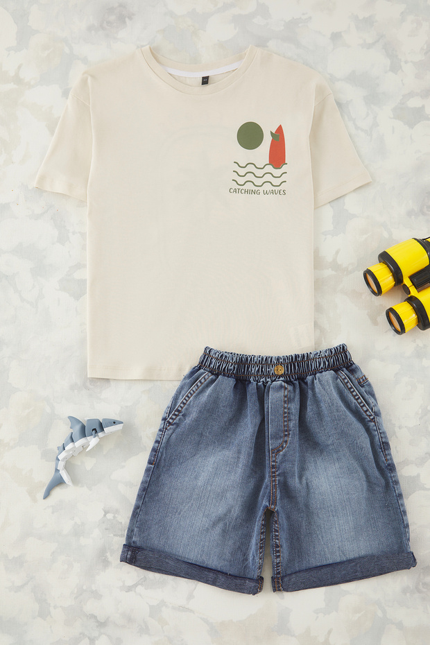 Bej Erkek Çocuk %100 Pamuk Baskılı T-Shirt-Şort Örme Alt-Üst Takım TKDSS25AU00087 - 1