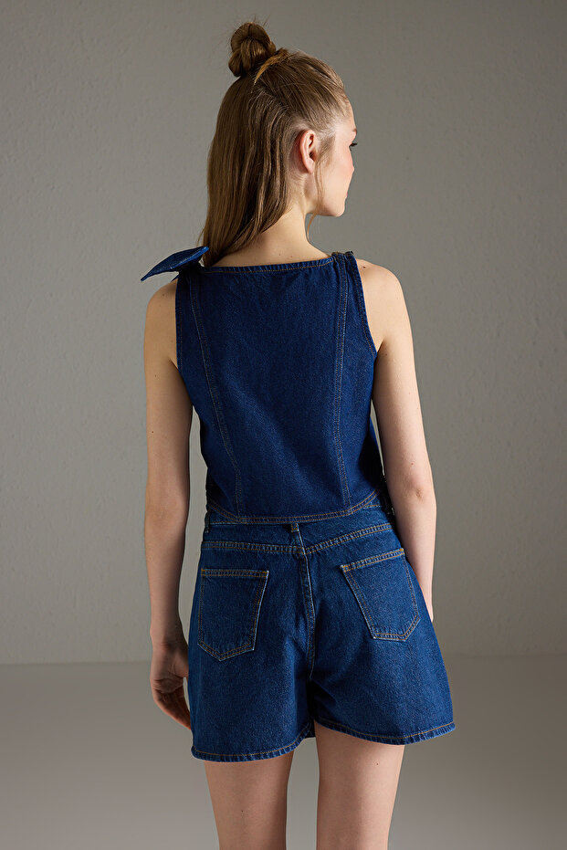 Koyu Mavi Kurdele/Fiyonk Detaylı Crop Denim Bluz TWOSS25BZ00476 - 4