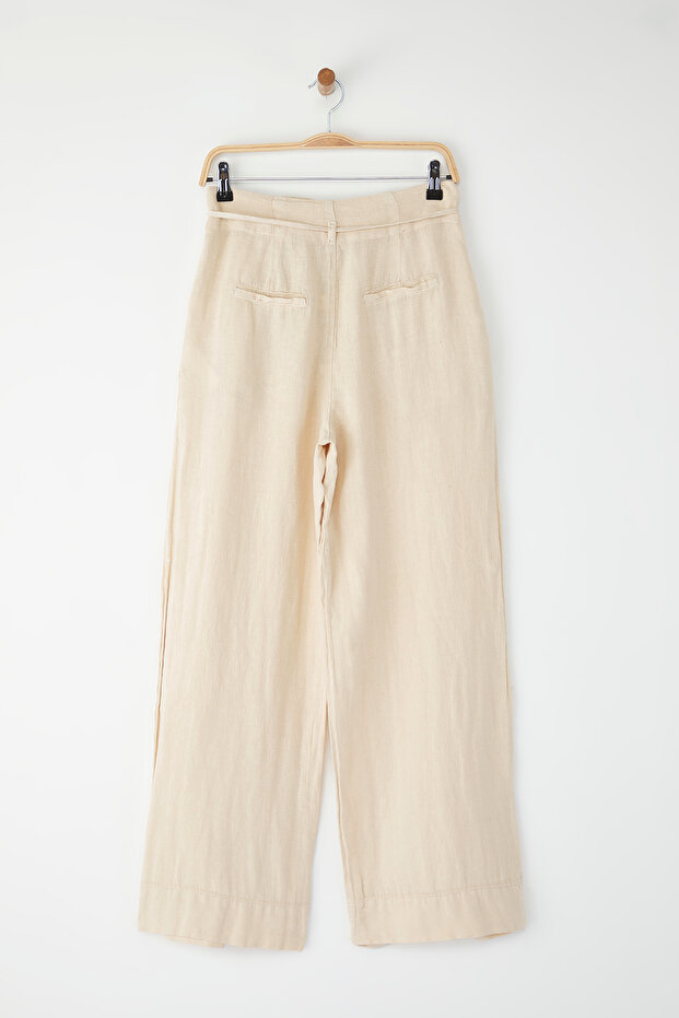 Bej %100 Keten Beli Bağlama Detaylı Yüksek Bel Wide Leg Pantolon TWOSS25JE00243 - 6