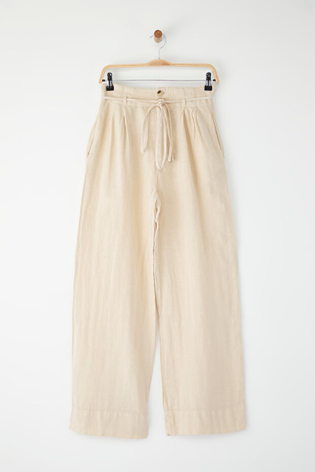 Bej %100 Keten Beli Bağlama Detaylı Yüksek Bel Wide Leg Pantolon TWOSS25JE00243 - 5