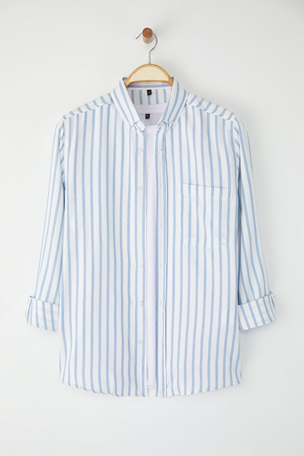 Gri-Mavi Regular Fit Çizgili Oxford Kolay Ütülenebilir Erkek Gömlek TMNSS25GO00078 - 2