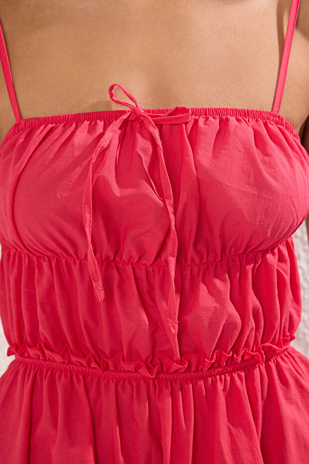 Pembe Dokuma Volanlı %100 Pamuk Plaj Mini Elbise TBESS25EL00120 - 4