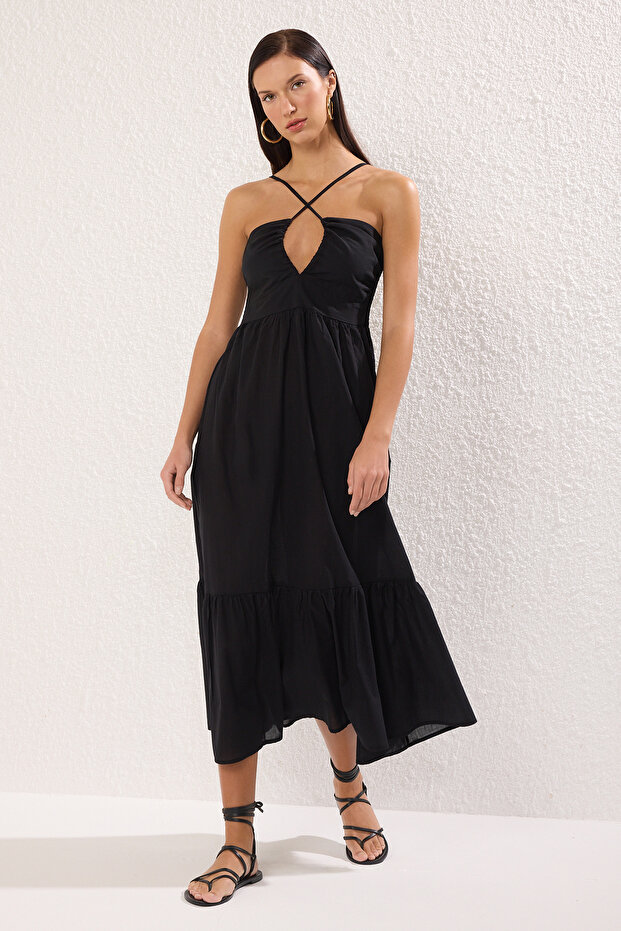 Siyah Dokuma Cut Out Detaylı %100 Pamuk Maxi Plaj Elbise TBESS25EL00110 - 1