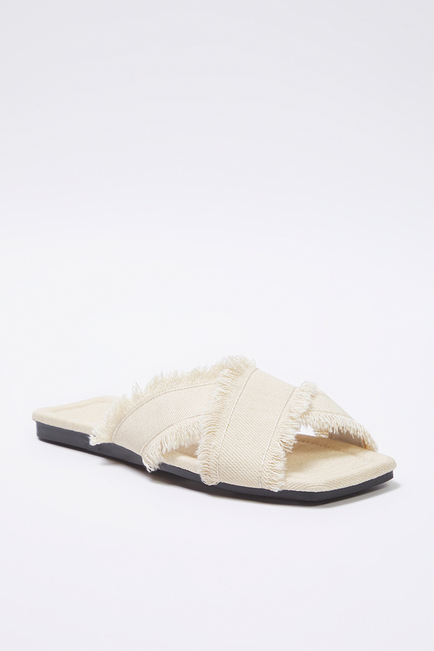 Ecru Tassel Detailed Denim Cross Strap Kapcie Damskie TAKSS25TE00043 - 4