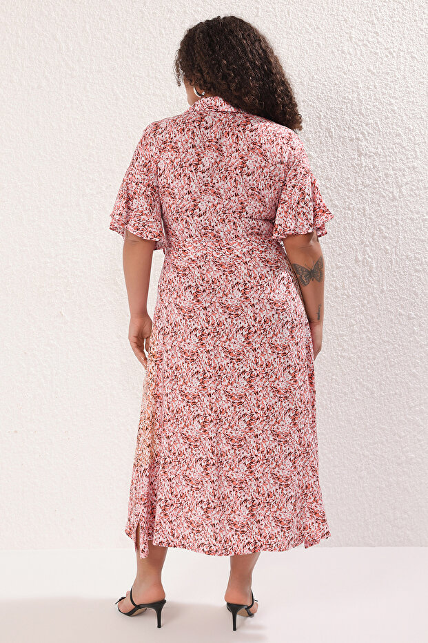 Rózsaszín absztrakt mintás szőtt hasított ingruha TBBSS22EL1596 - 7