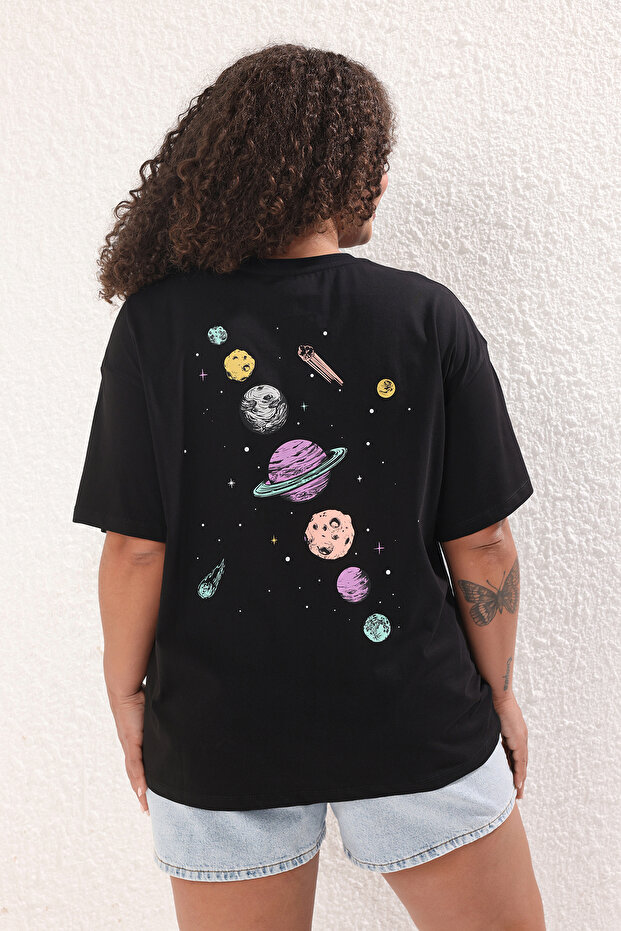 Siyah Galaksi Baskılı Oversize Fit Büyük Beden T-shirt TBBSS25BF00070 - 9