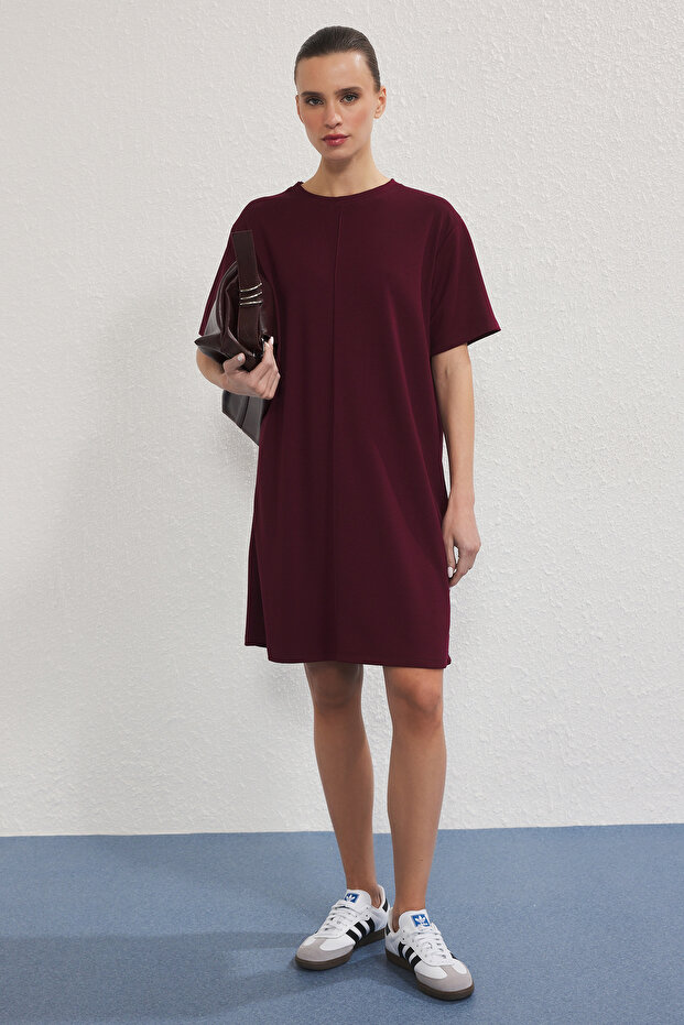 Bordo Yumuşacık Nervürlü Shift/Düz Kesim Mini Örme Elbise TWOSS25EL00778 - 1