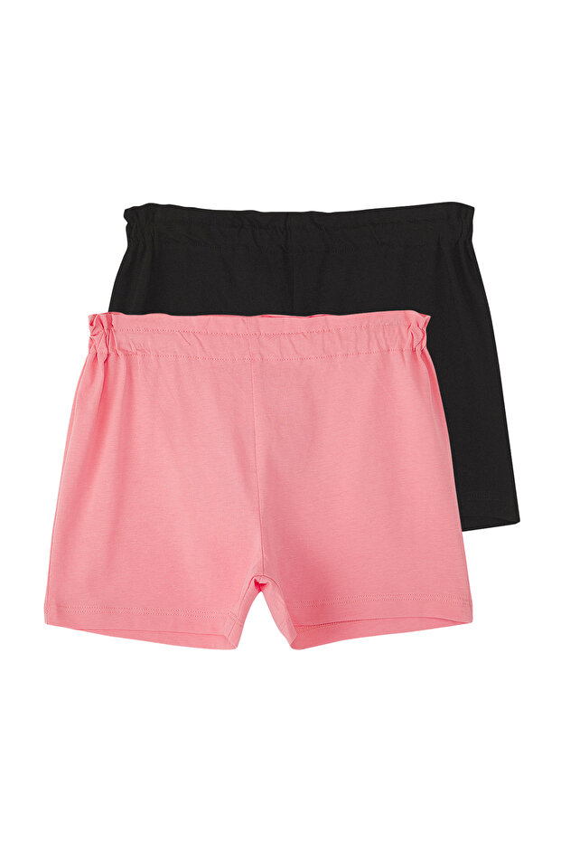 Pudra-Siyah 2'li Kız Çocuk %100 Pamuk Lastikli Örme Şort TKDSS25SR00024 - 1