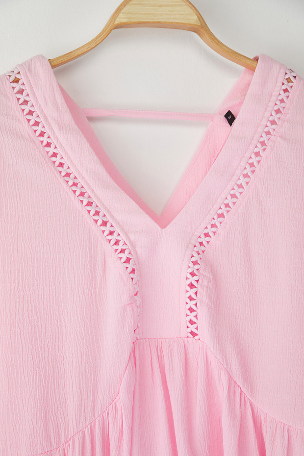 Pembe V Yaka Uzun Kol Dokulu Peplum Dokuma Büyük Beden Bluz TBBSS25AF00042 - 7