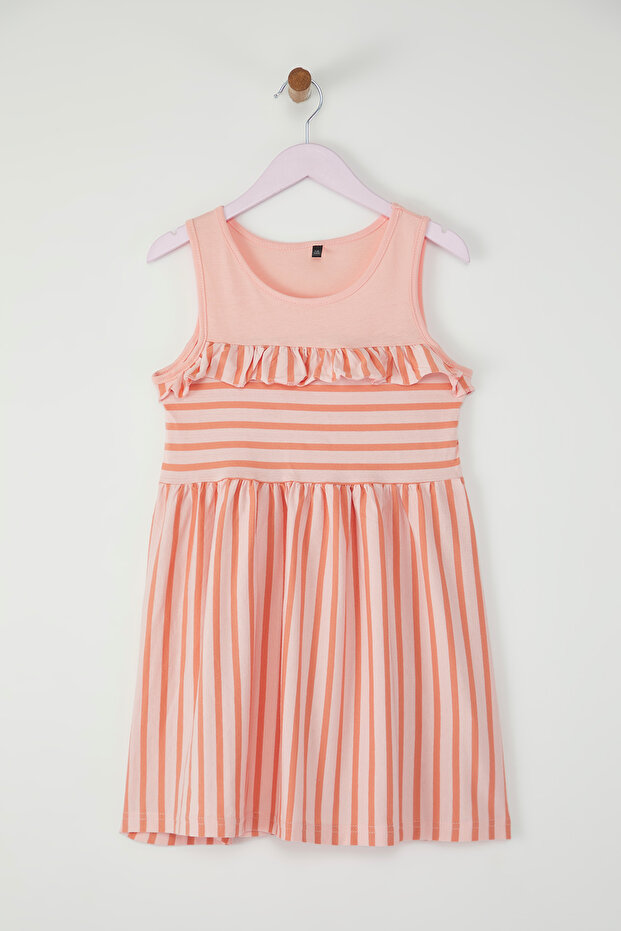 Pembe Kız Çocuk %100 Pamuk Çizgili Kolsuz Mini Örme Elbise TKDSS25EL00062 - 2