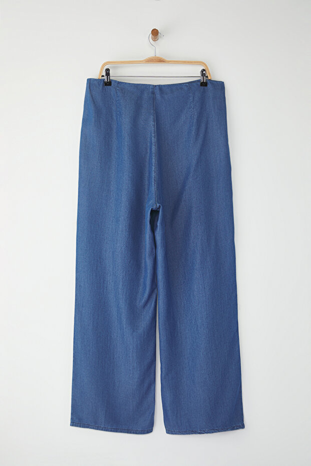 Koyu Mavi Yüksek Bel Geniş Paça Yazlık Tencel Büyük Beden Wide Leg Jeans TBBSS25CJ00021 - 8