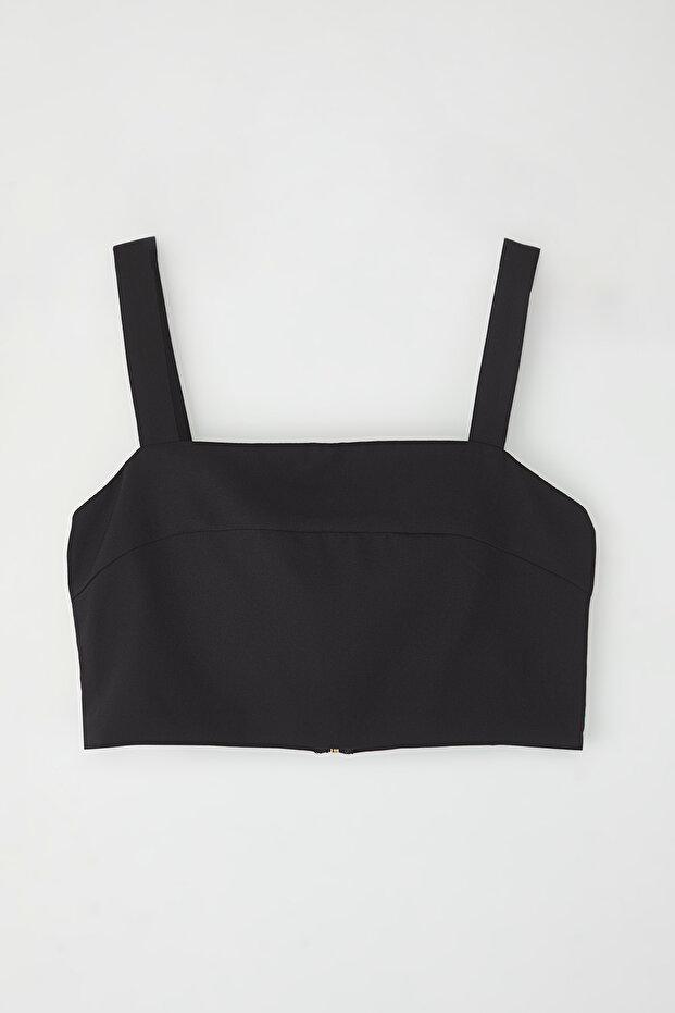 Siyah Askılı Crop Kare Yaka Dokuma Bluz TWOSS25BZ00523 - 5