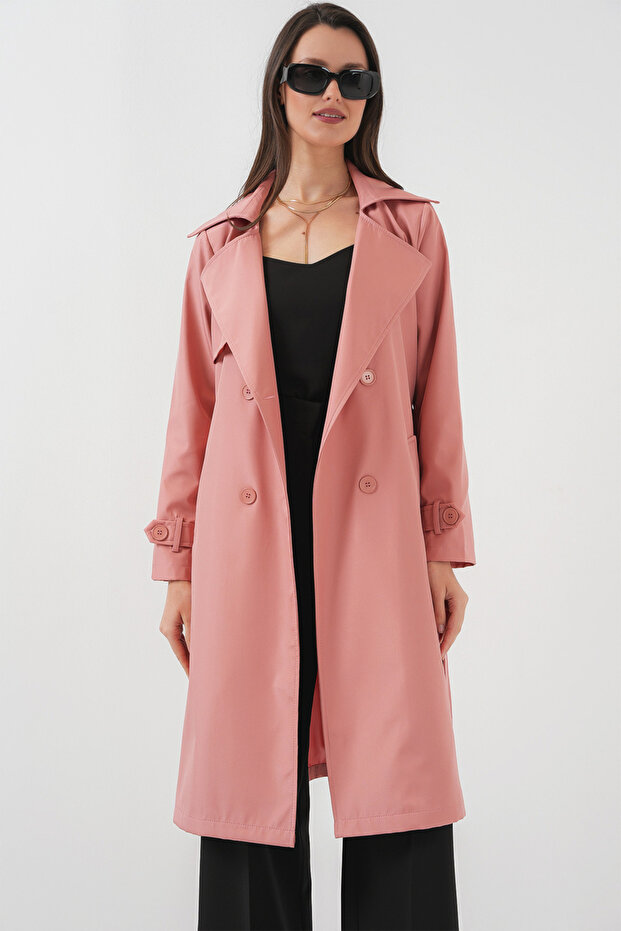 Women's Double Breasted Collar Belted Pink Trench Coat