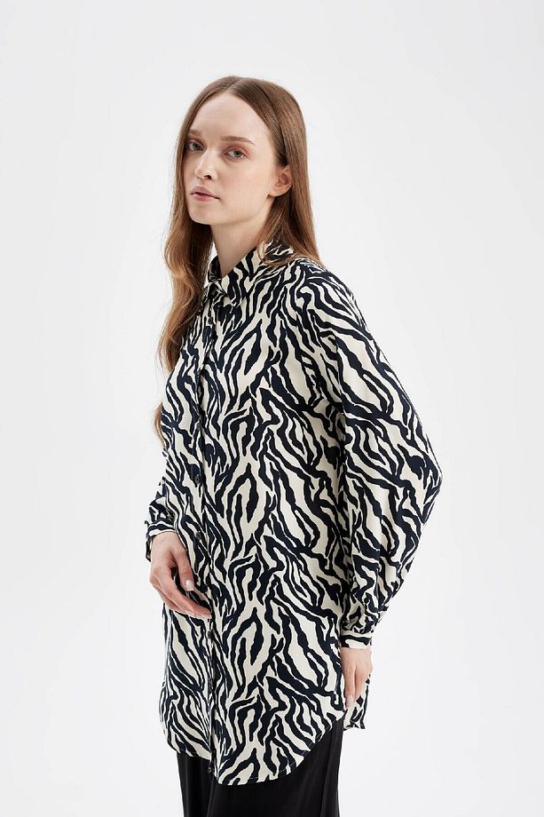 Regular Fit Zebra Desenli Viskon Uzun Kollu Gömlek Tunik D4070ax24au - 4