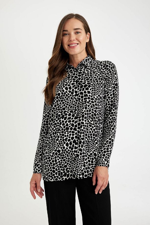 Loose Fit Gömlek Yaka Desenli Uzun Kollu Gömlek Tunik T0609az24au - 3