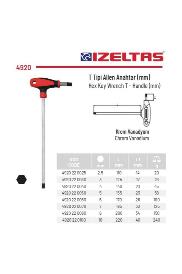 İzeltaş 2,5mm T Tipi Allen Anahtar T Tipi Alyan 4920 22 0040 - 2