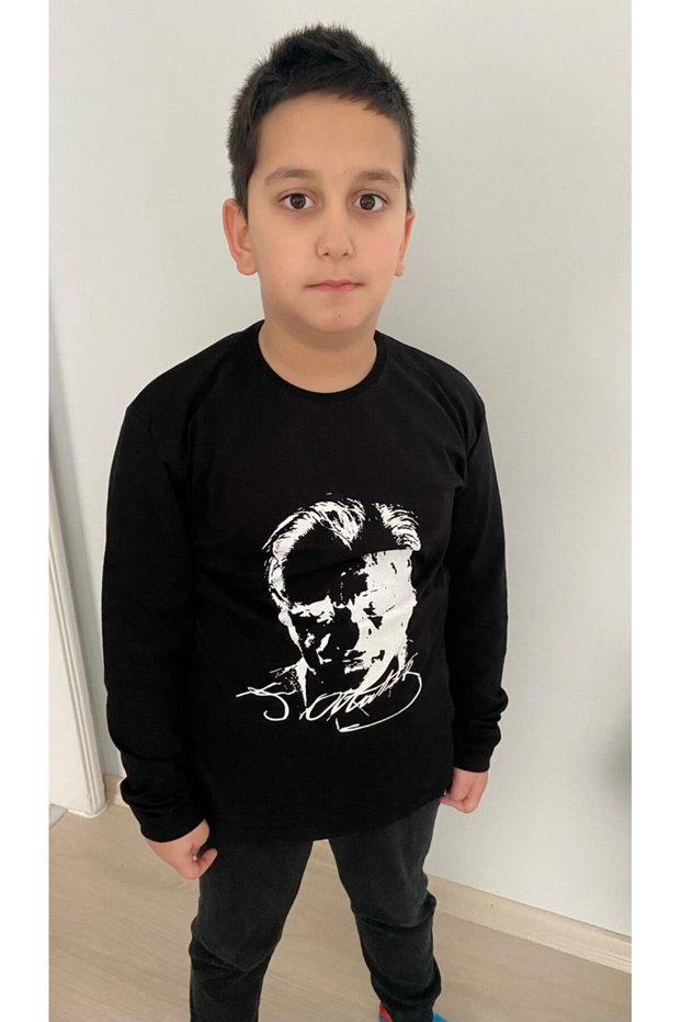 Black Ataturk Print Long-Sleeve Cotton T-Shirt