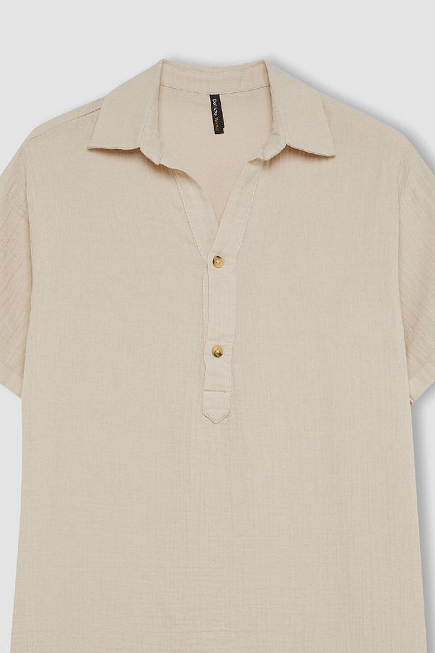 Regular Fit Düğmeli Polo Yaka Basic Düz Müslin Kısa Kollu Midi Elbise D5363ax24au - 7
